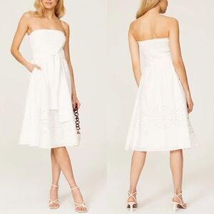 THAKOON Collective Dress Womens 4 White Strapless Smocked Eyelet Tie-Waist Midi
